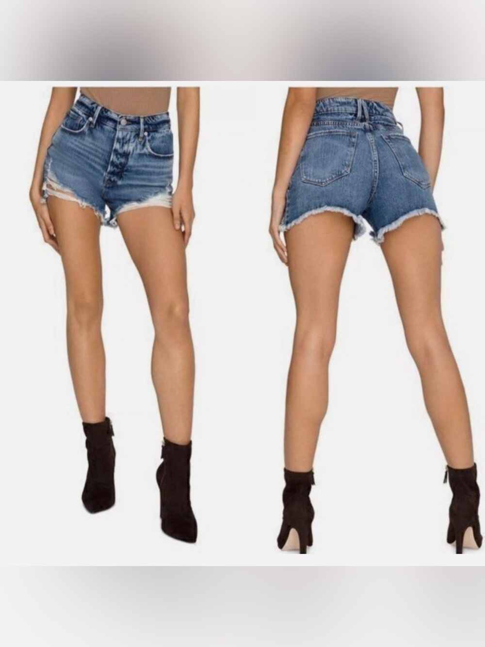 Good American Bombshell Frayed Denim Shorts High Rise Button Fly Women’s 4 / 27